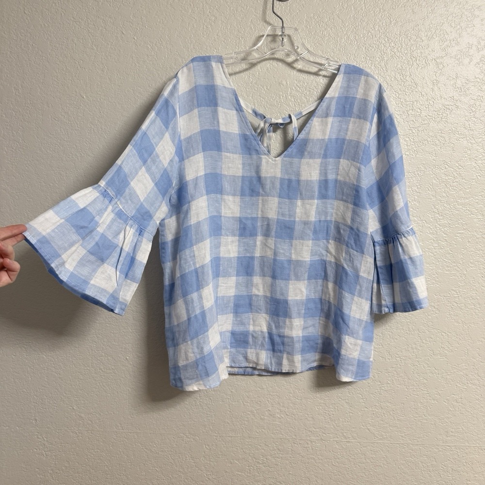 Saks Fifth Avenue Blue and White Gingham Bell-Sleeve Blouse